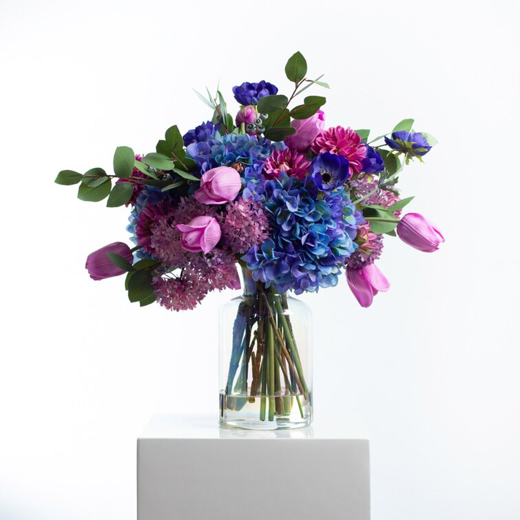 Violet Rhapsody - Blue Hydrangea, Lavender Tulip & Lilac Snowball Spring  Summer Faux Floral Water Illusion Arrangement In Iridescent Bottle Vase